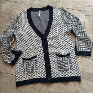 Margaret O'Leary Navy and White Geometric Cardigan